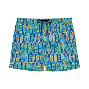 Colorful patterned swim shorts on a white background